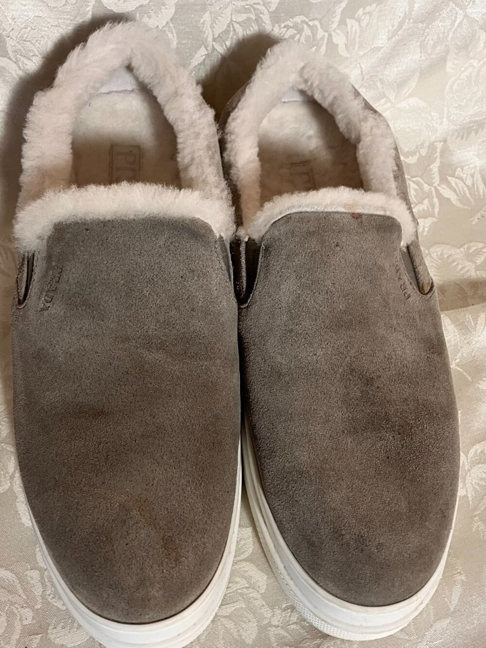 Prada Grey Suede Slip-On Sneakers 1S053L Shearling-Lined